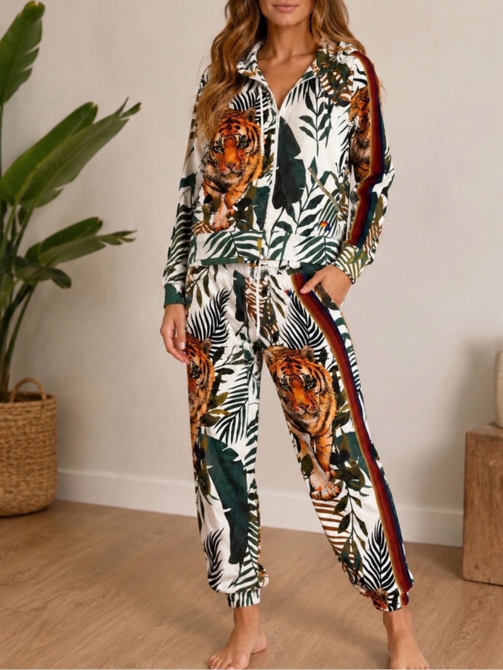 Aviator Nation Velvet Jungle Tiger White Track Suit Jacket Joggers S XS